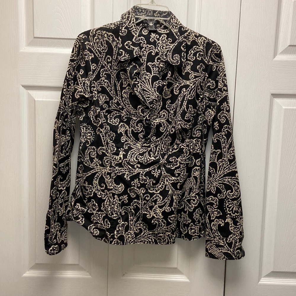 Etcetera black & cream, long sleeve dress blouse, size 12